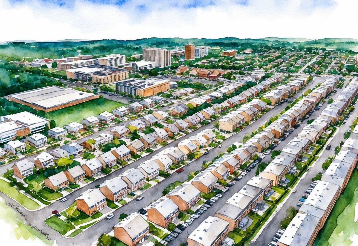 An aerial view of Allentown, PA with rows of houses, commercial buildings, and green spaces, showcasing the potential for real estate investing