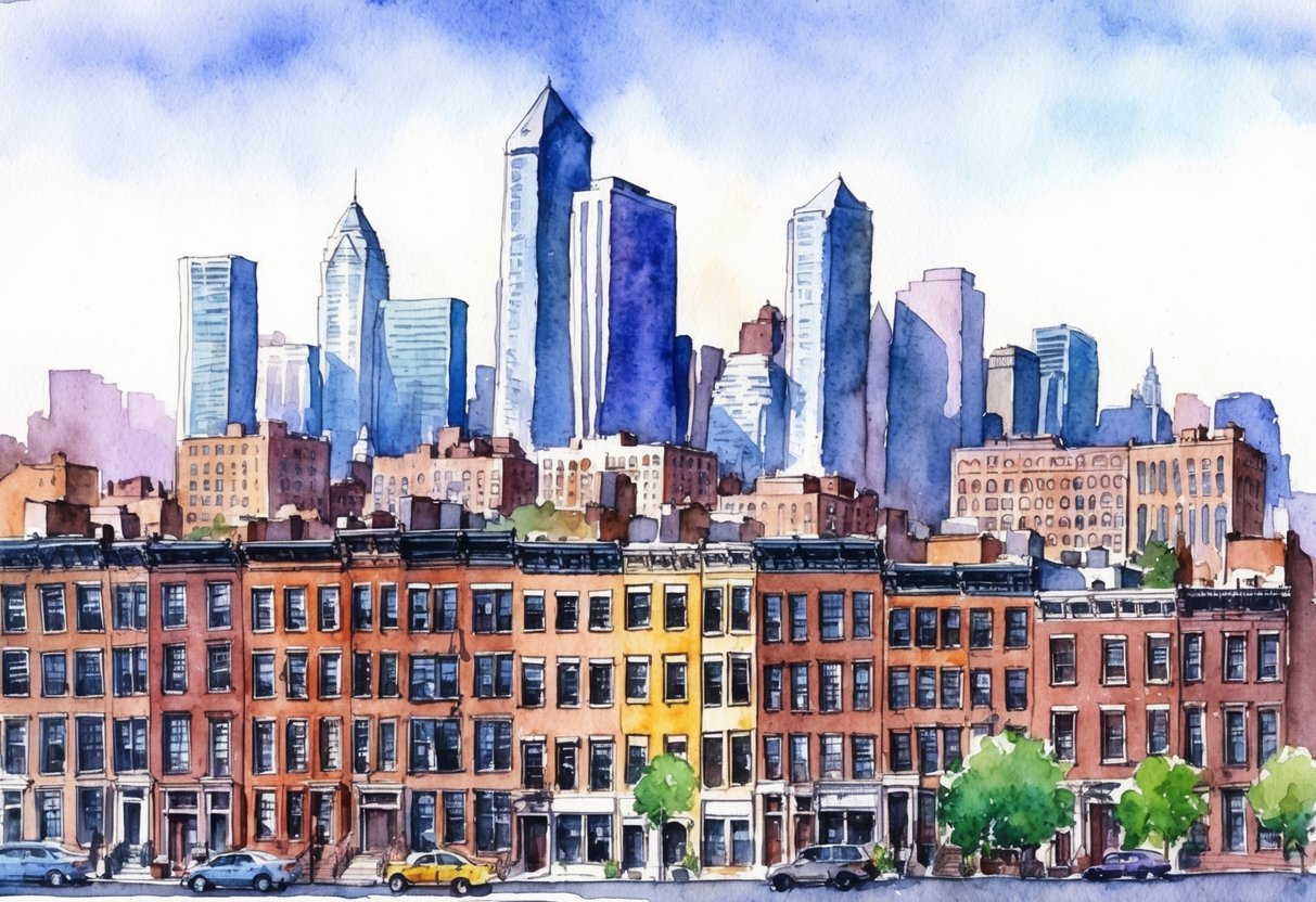 A bustling cityscape with rows of historic brownstone buildings and modern high-rises, set against the backdrop of the Philadelphia skyline