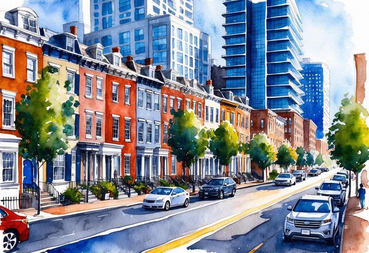 A bustling Philadelphia street with rows of historic townhouses and modern high-rise buildings, showcasing the diverse investment opportunities in real estate