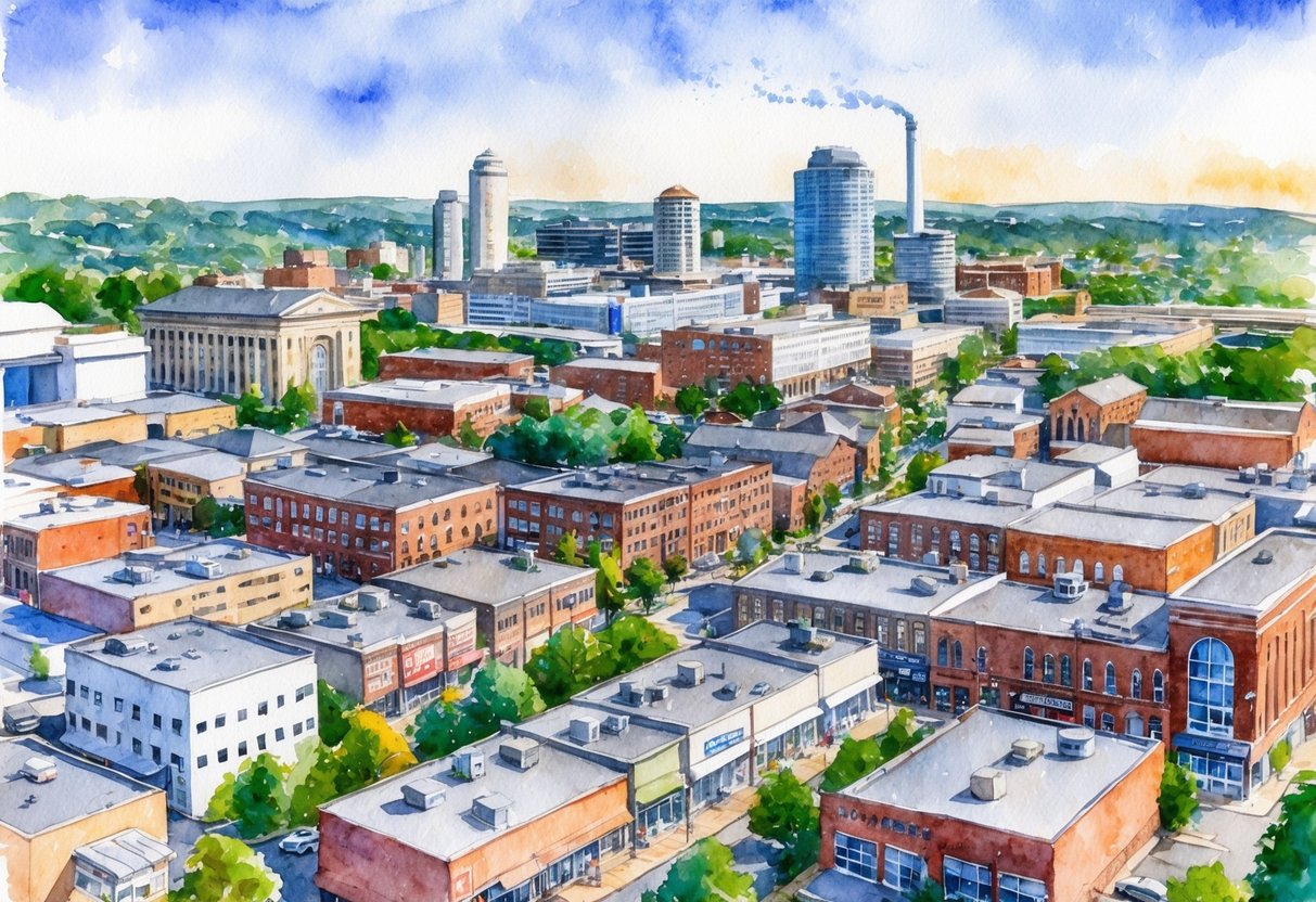 A bustling cityscape of Allentown, PA with various types of real estate investments such as residential homes, commercial buildings, and industrial properties