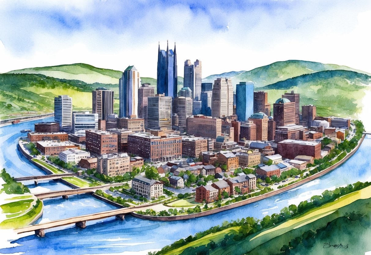 A bustling Pittsburgh skyline with diverse housing types and a mix of residential and commercial properties, surrounded by green hills and the flowing rivers