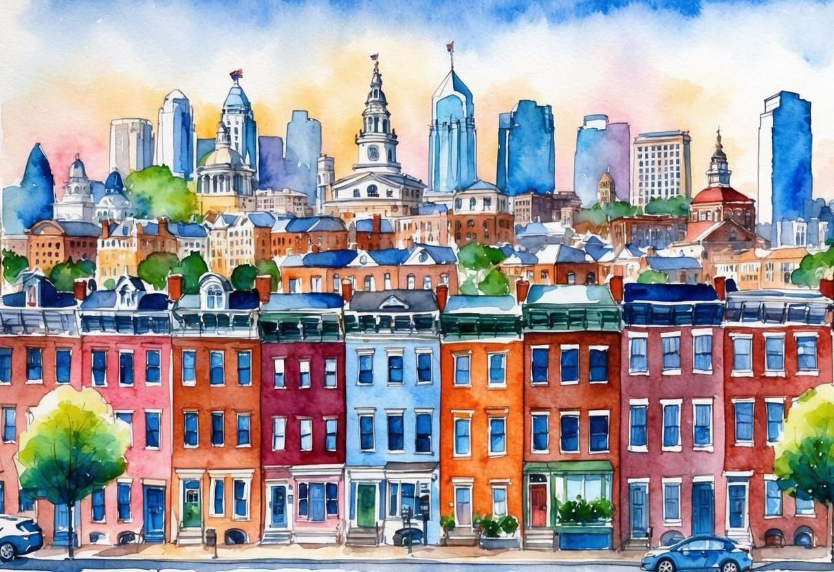 A bustling Philadelphia cityscape with iconic landmarks and rows of historic row houses, representing diverse real estate investment opportunities
