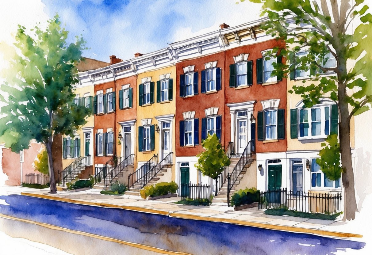 A row of well-maintained houses in Pittsburgh, PA, with tree-lined streets and nearby amenities