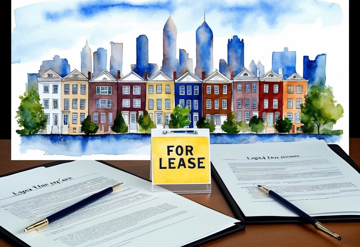 A Philadelphia skyline with row houses, a "For Lease" sign, and legal documents on a desk