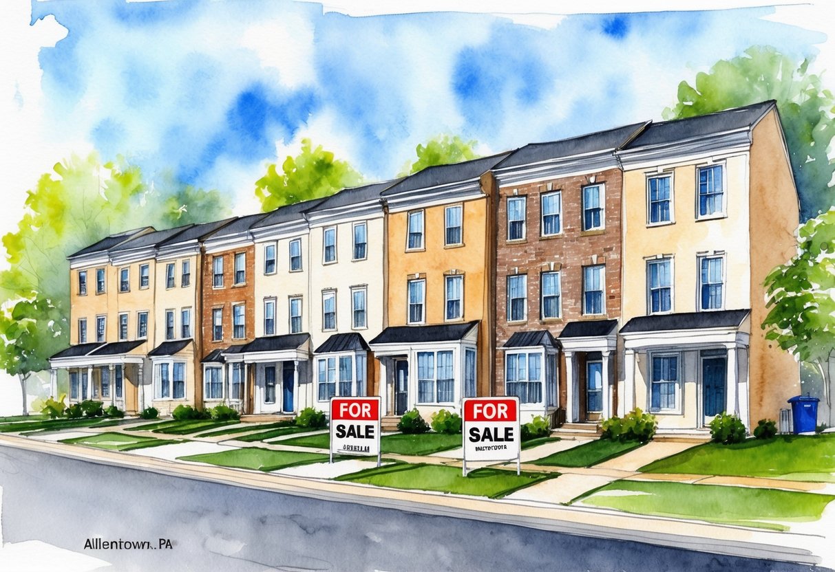 A row of residential houses in Allentown, PA with "For Sale" signs in front, surrounded by trees and a clear blue sky