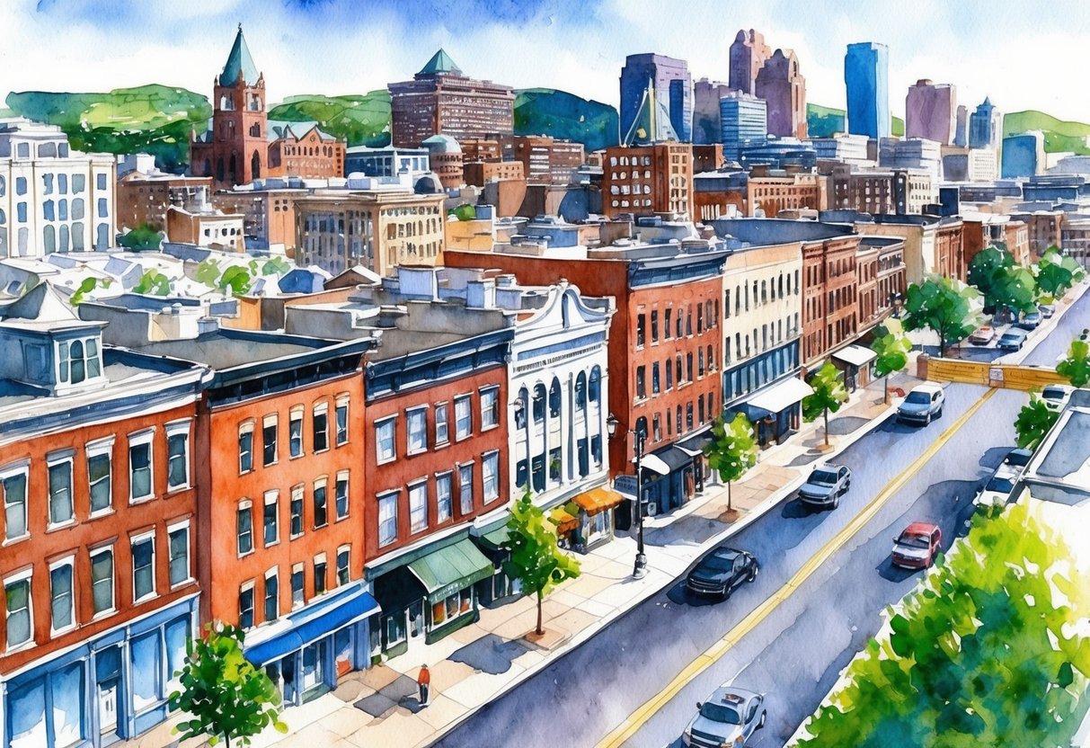 A bustling city street with diverse architecture and a mix of residential and commercial buildings, showcasing the potential for real estate investment in Pittsburgh, PA