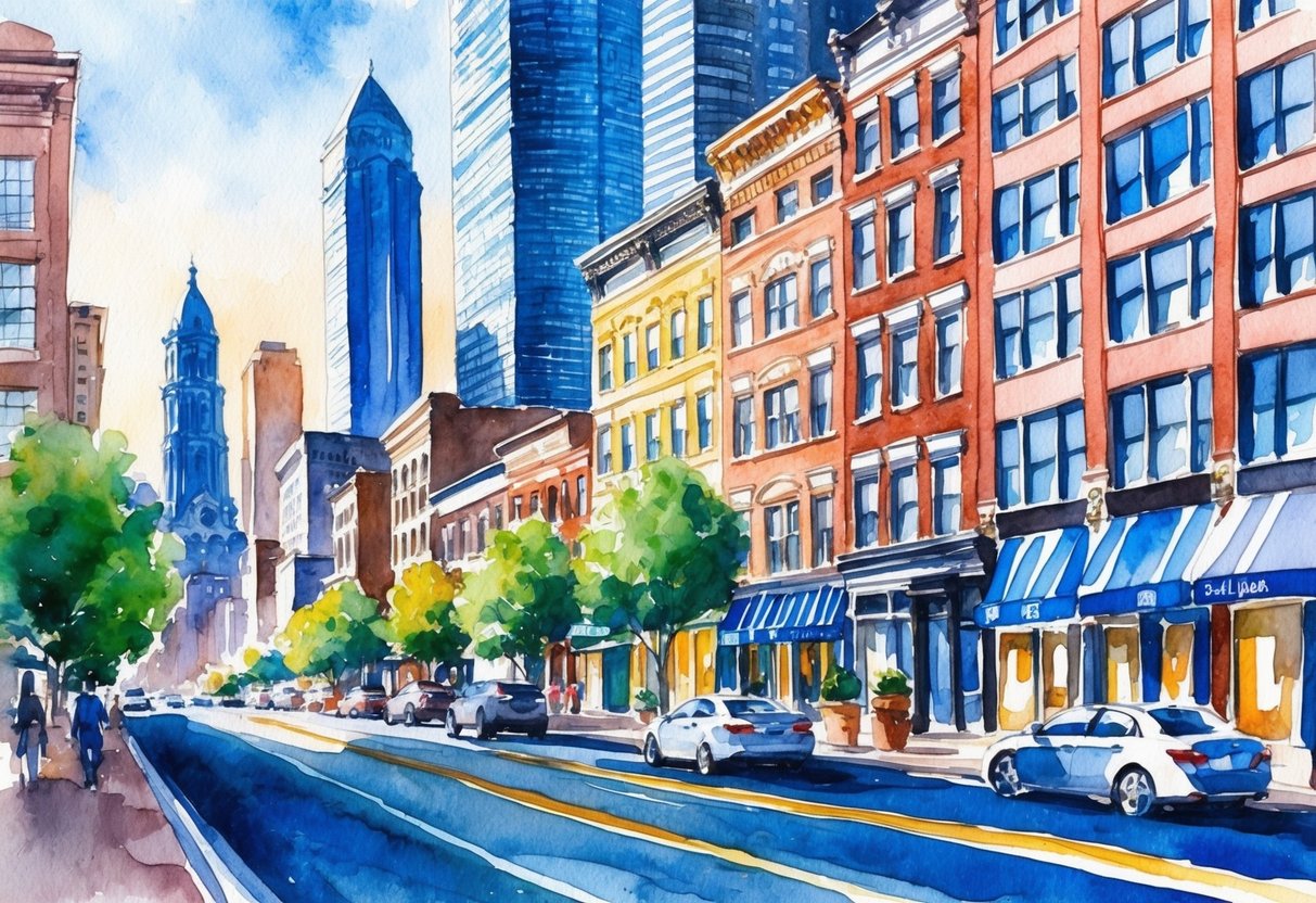 A bustling city street in Philadelphia, with towering skyscrapers and vibrant storefronts, showcasing the diverse commercial real estate opportunities available for investing