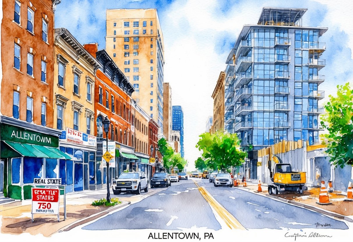 A bustling city street in Allentown, PA, with a mix of historic buildings and modern high-rises. Real estate signs and construction sites indicate active development and investment