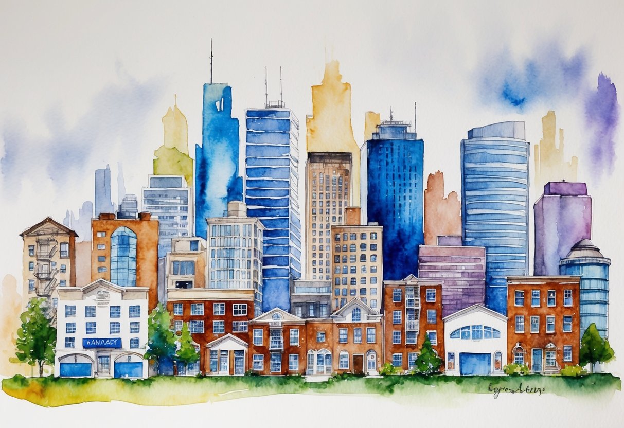 A city skyline with various types of buildings, including residential and commercial properties, with a focus on safety features such as fire escapes and security systems