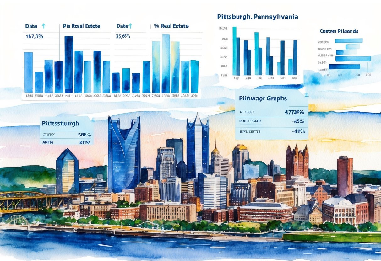 A bustling cityscape of Pittsburgh, Pennsylvania with data charts and real estate graphs overlaying the skyline