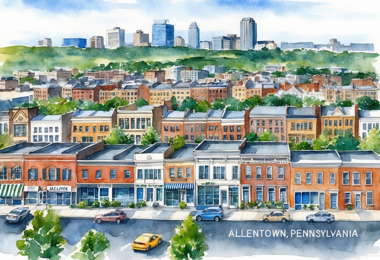 A bustling cityscape with rows of residential and commercial buildings in Allentown, Pennsylvania, showcasing the diverse real estate opportunities