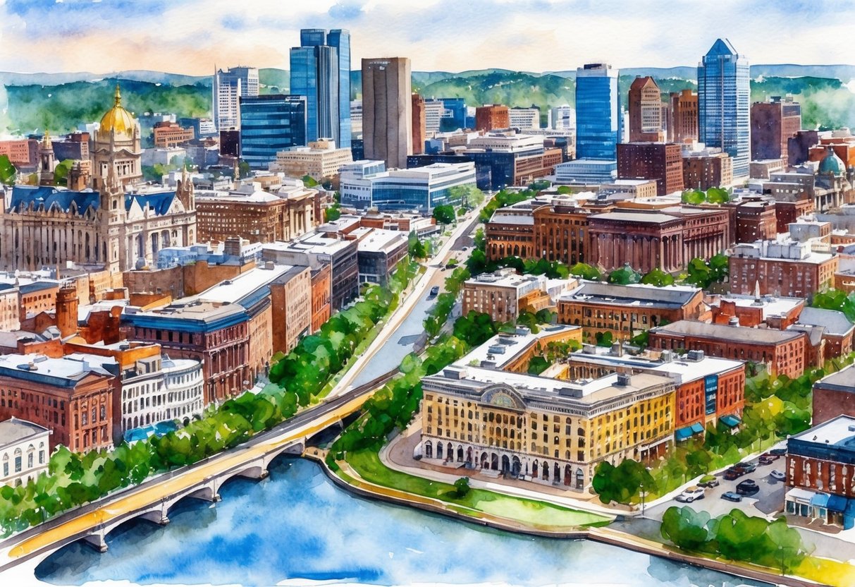 A bustling cityscape with a mix of historic and modern buildings, green spaces, and diverse neighborhoods in Pittsburgh, PA