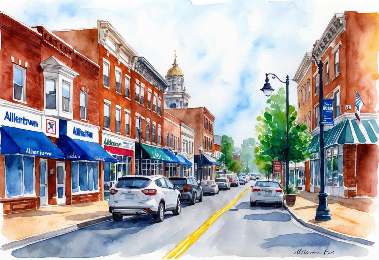 A bustling city street in Allentown, PA, with a mix of local businesses, educational institutions, and real estate properties