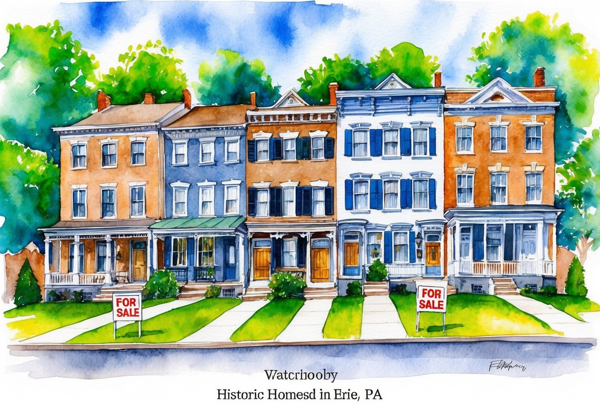 A row of historic homes in Erie, PA, with "For Sale" signs in front, surrounded by lush green trees and a clear blue sky