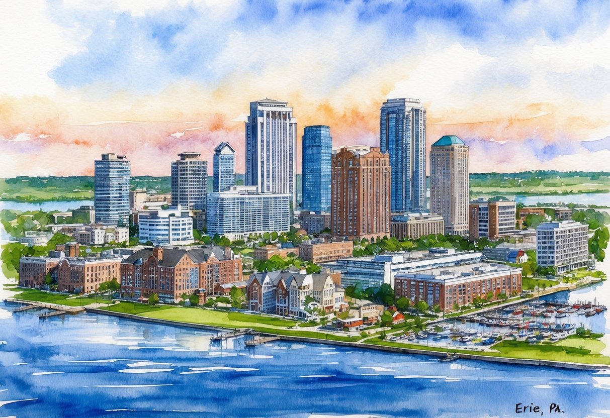 A skyline of Erie, PA with various types of real estate properties including residential homes, commercial buildings, and waterfront developments