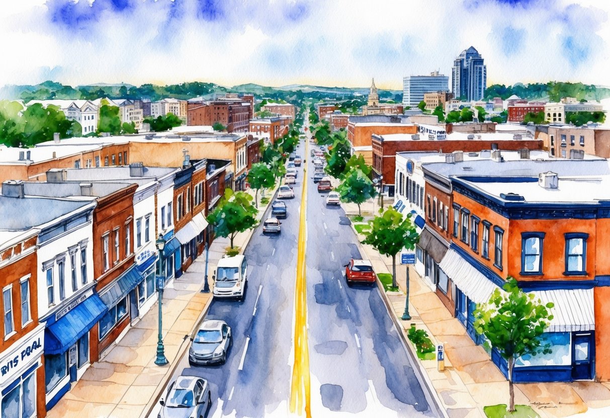 A bustling street in Erie, PA lined with various real estate properties including residential homes, commercial buildings, and vacant land for potential investment opportunities