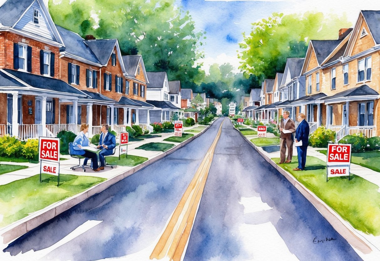 A suburban street in Erie, PA with rows of houses, "For Sale" signs, and a real estate agent meeting with potential investors