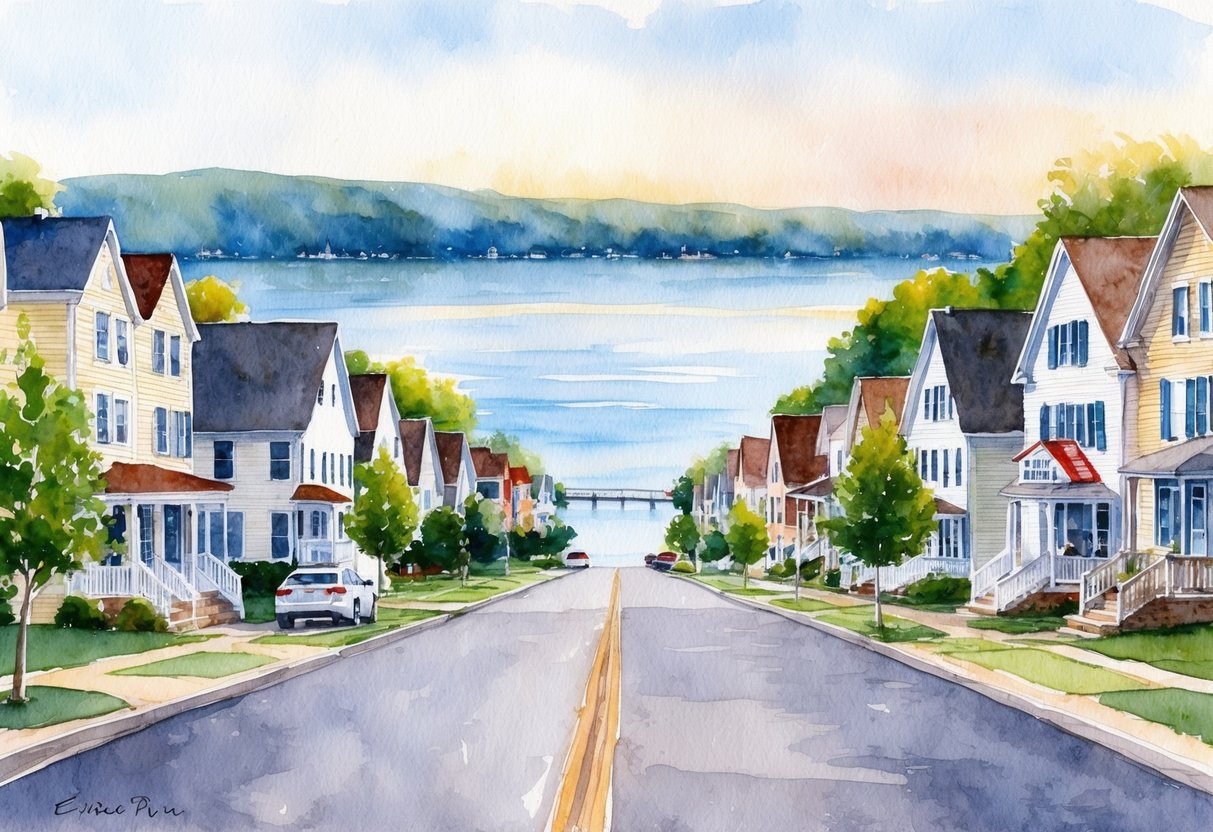 A calm street in Erie, PA with rows of residential houses, a local real estate office, and a serene lake in the background