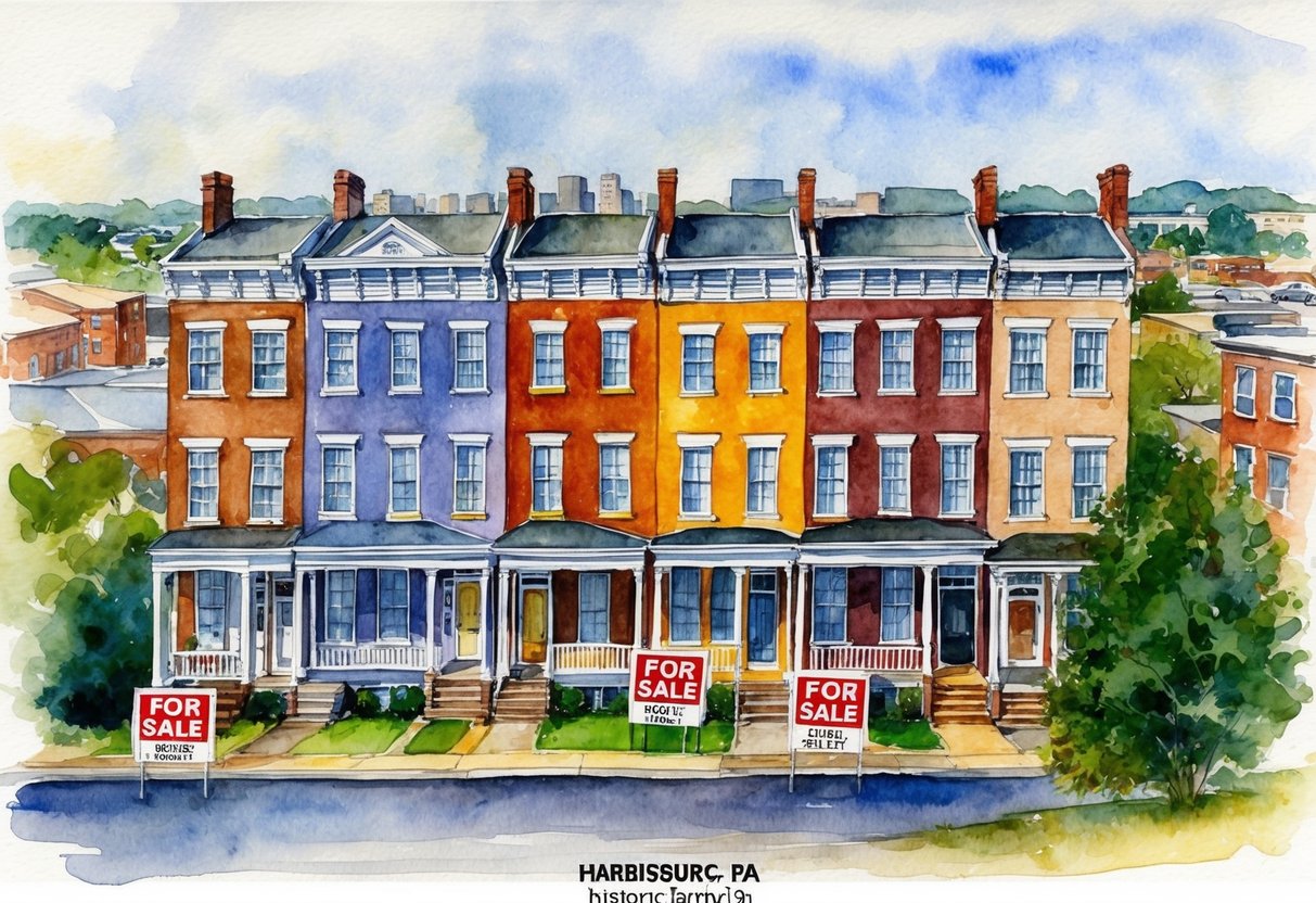 A row of historic row houses in Harrisburg, PA, with "For Sale" signs in front, surrounded by a mix of urban and suburban landscapes