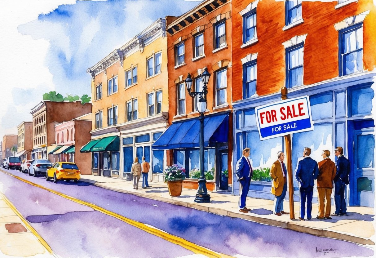 A bustling street in Erie, PA, with a mix of residential and commercial properties. A "For Sale" sign stands in front of a historic building, while a group of investors discuss financing options nearby