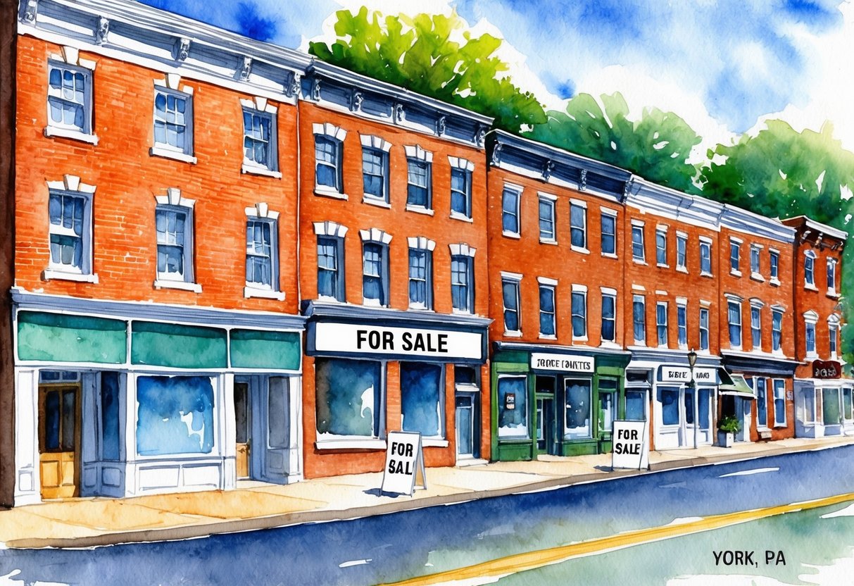 A row of historic brick buildings in York, PA, with "For Sale" signs in front, surrounded by trees and a clear blue sky