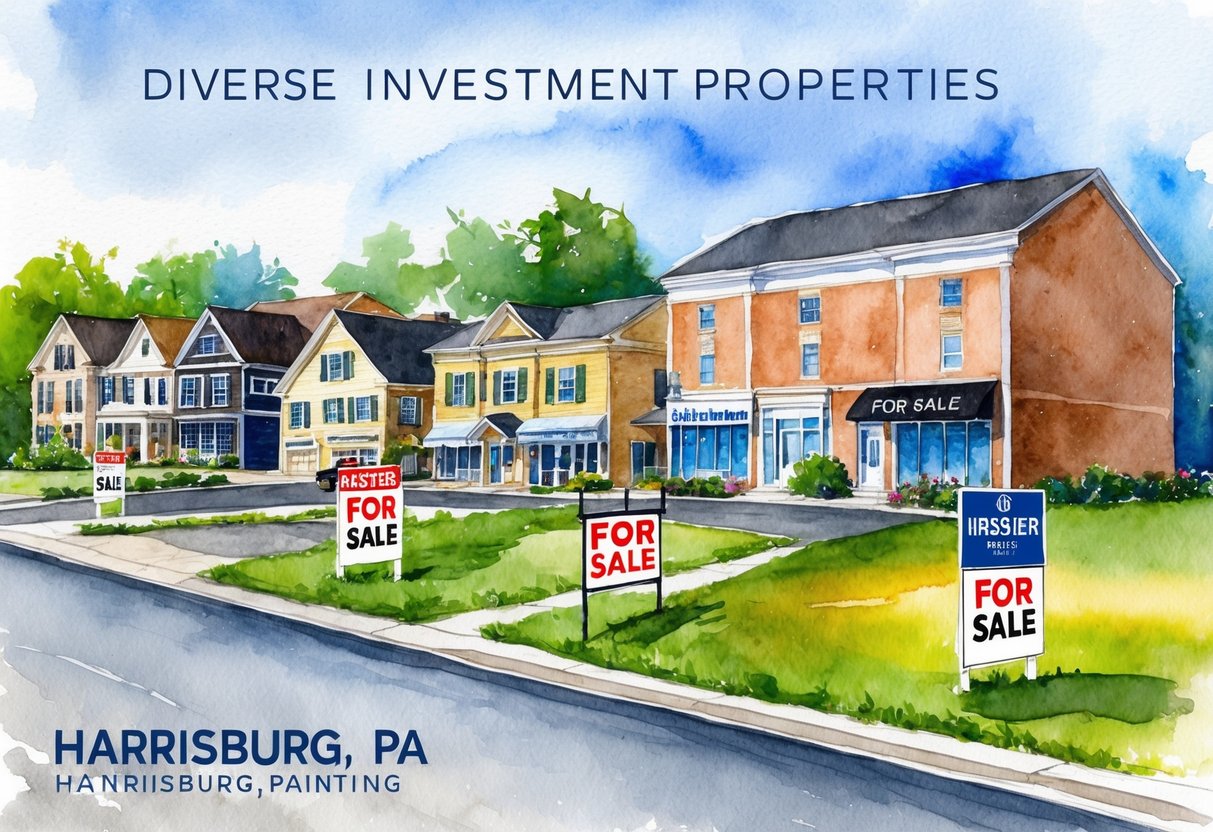 A row of diverse investment properties in Harrisburg, PA, including residential homes, commercial buildings, and vacant land, with "For Sale" signs displayed