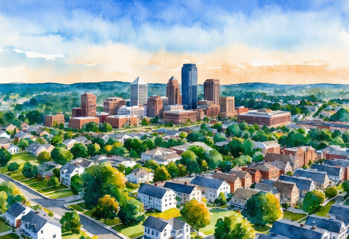 Aerial view of Harrisburg, PA with city skyline and surrounding suburban neighborhoods, highlighting top locations for real estate investing