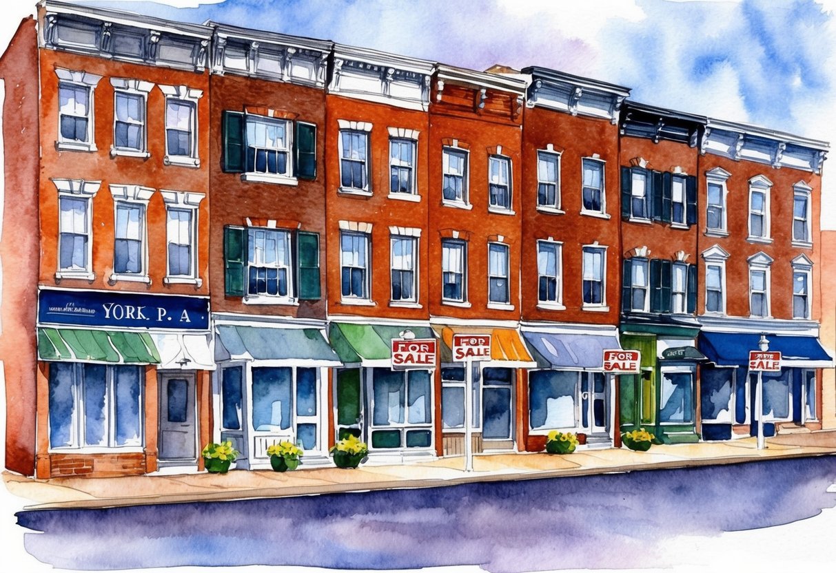 A row of historic brick buildings in downtown York, PA, with "For Sale" signs displayed in front of several properties