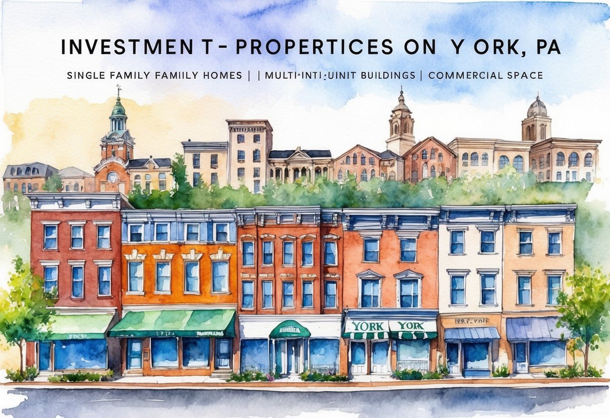 A row of diverse investment properties in York, PA, including single-family homes, multi-unit buildings, and commercial spaces, set against a backdrop of the city's historic architecture
