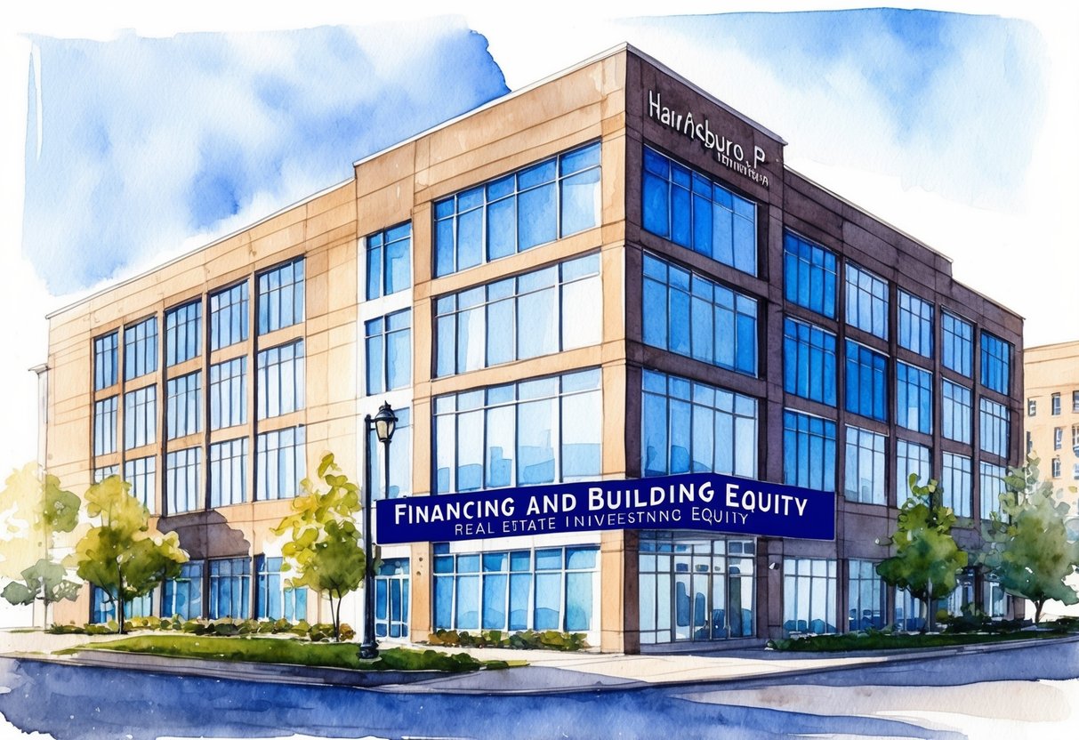 A modern office building in downtown Harrisburg, PA with a "Financing and Building Equity" real estate investing sign on the front