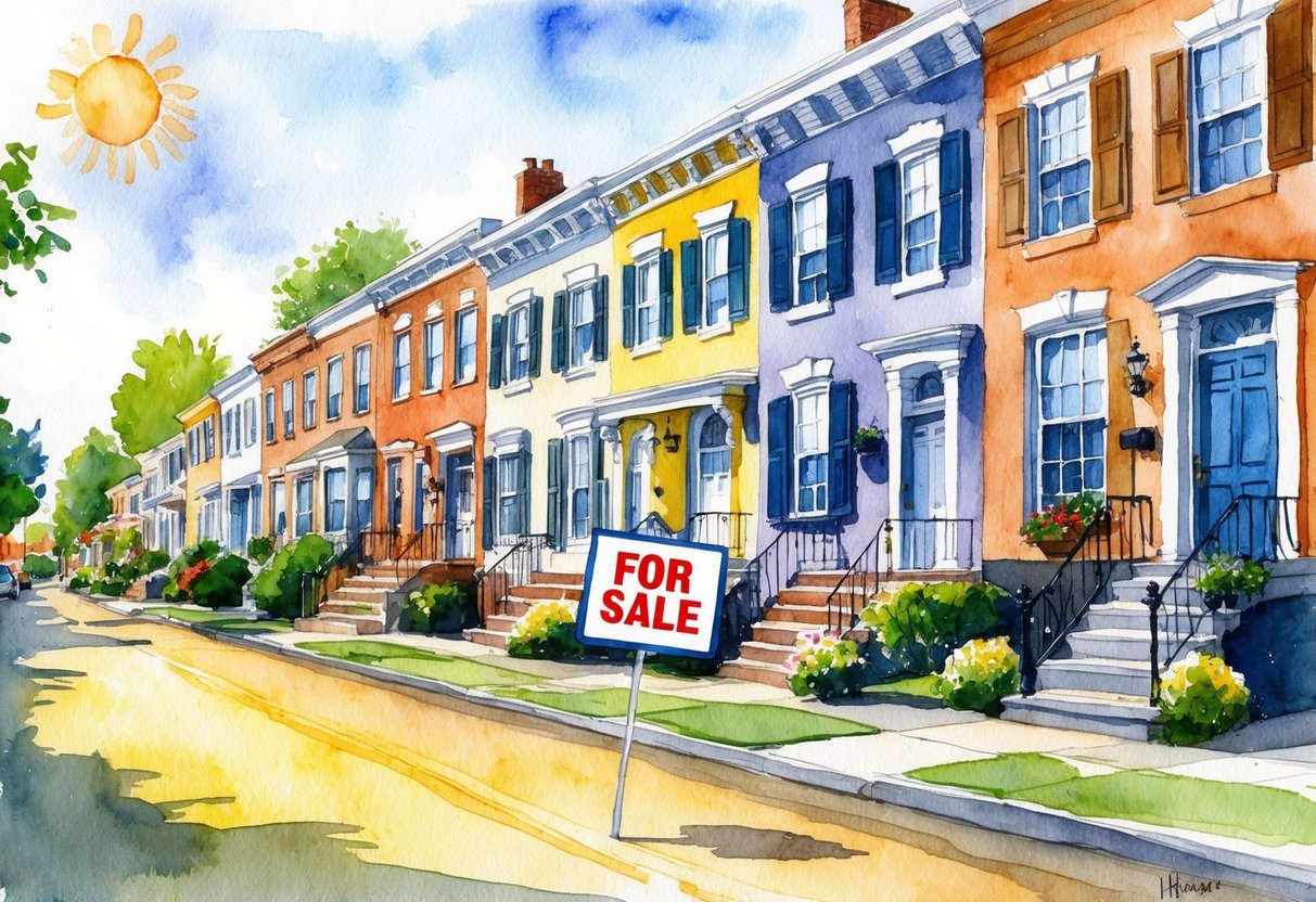 A sunny street in Harrisburg, PA, lined with charming row houses and friendly neighbors. A "For Sale" sign stands out in front of a welcoming, well-kept home