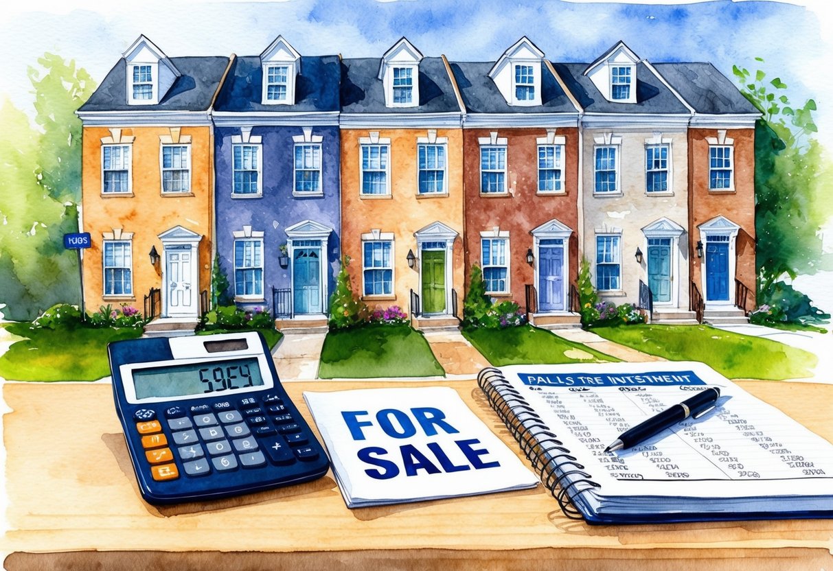 A row of townhouses in York, PA with "For Sale" signs. A calculator, budget spreadsheet, and real estate investment book on a desk