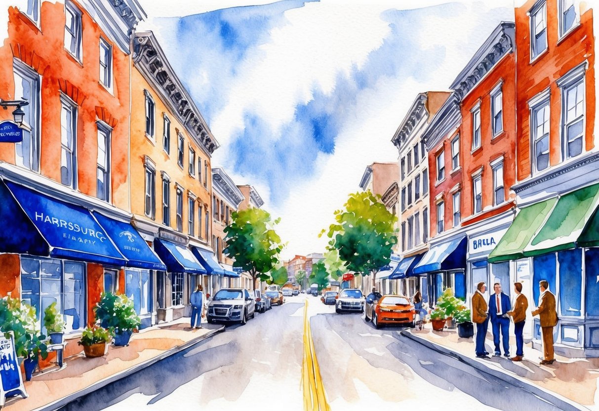 A bustling street in Harrisburg, PA, with real estate offices, market research tools, and investors discussing opportunities