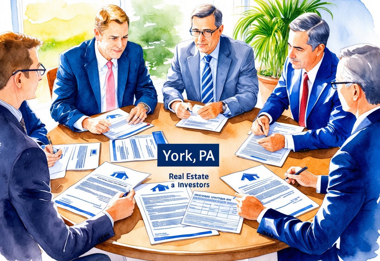 A group of investors discussing real estate in York, PA with legal documents and contracts spread out on a table