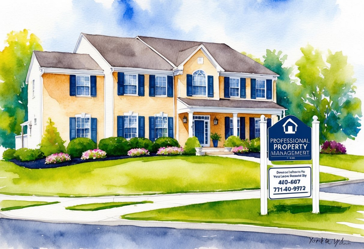 A well-maintained residential property in York, PA with a neatly landscaped yard and a professional property management sign displayed prominently