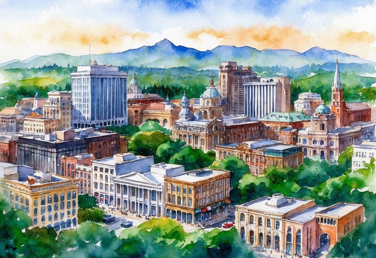 A bustling cityscape with diverse architecture, surrounded by lush greenery and scenic mountains in the distance