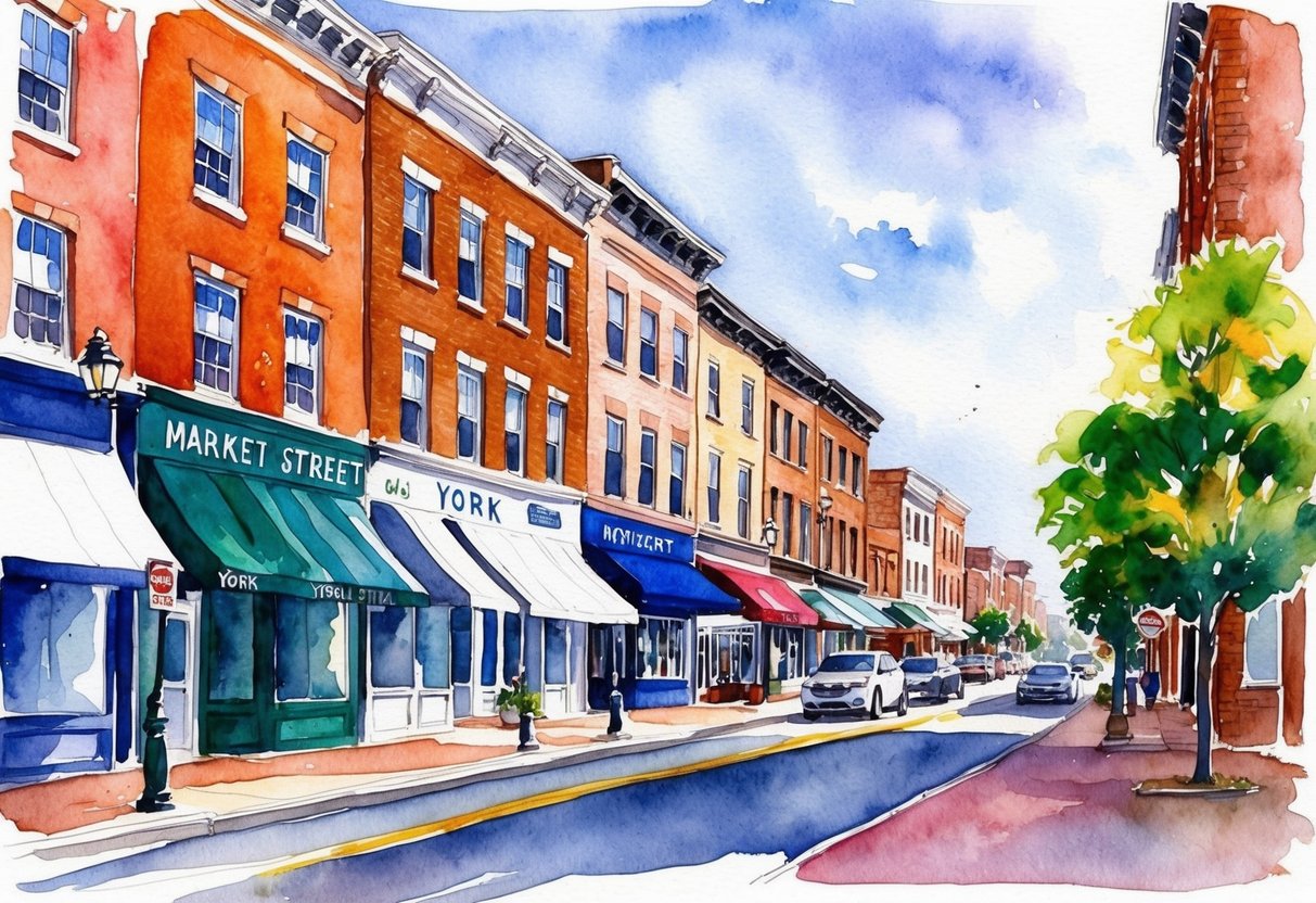 A bustling market street in York, PA with diverse real estate properties and investment opportunities