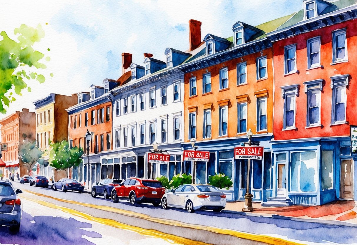 A row of historic buildings in downtown Providence, RI, with "For Sale" signs and bustling streets