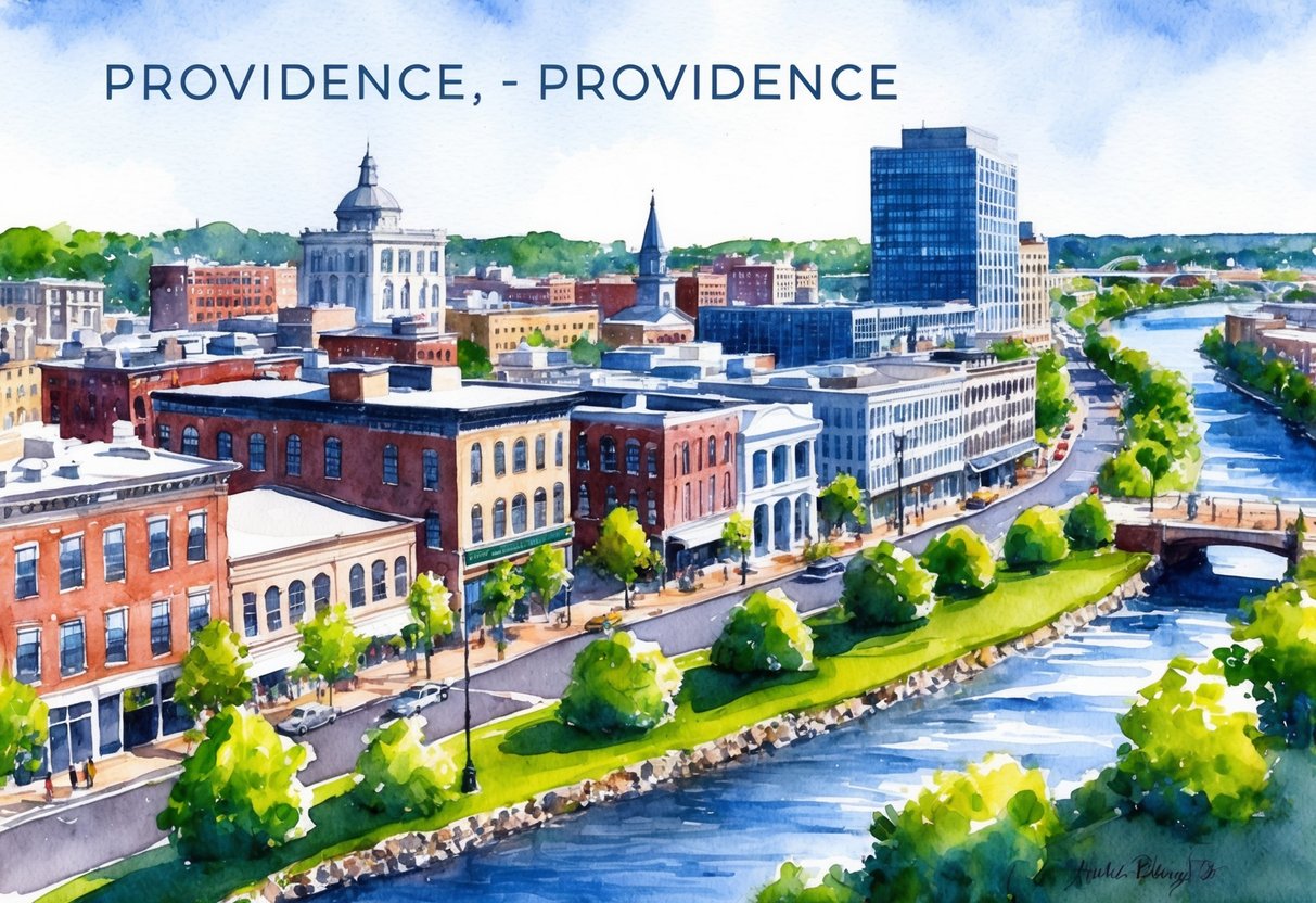 A bustling city street in Providence, Rhode Island, with historic buildings and modern developments, surrounded by lush greenery and a river flowing through the city