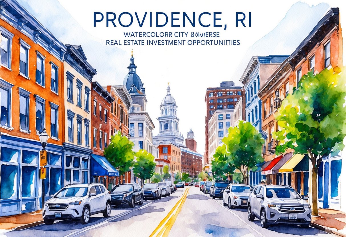 A bustling city street in Providence, RI with a mix of historic and modern buildings, showcasing the diverse real estate investment opportunities