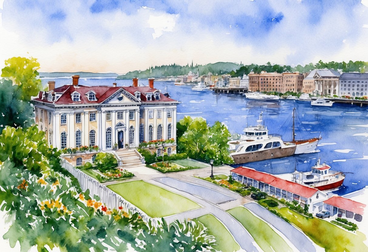 A historic mansion overlooks the harbor, surrounded by lush gardens and a bustling downtown