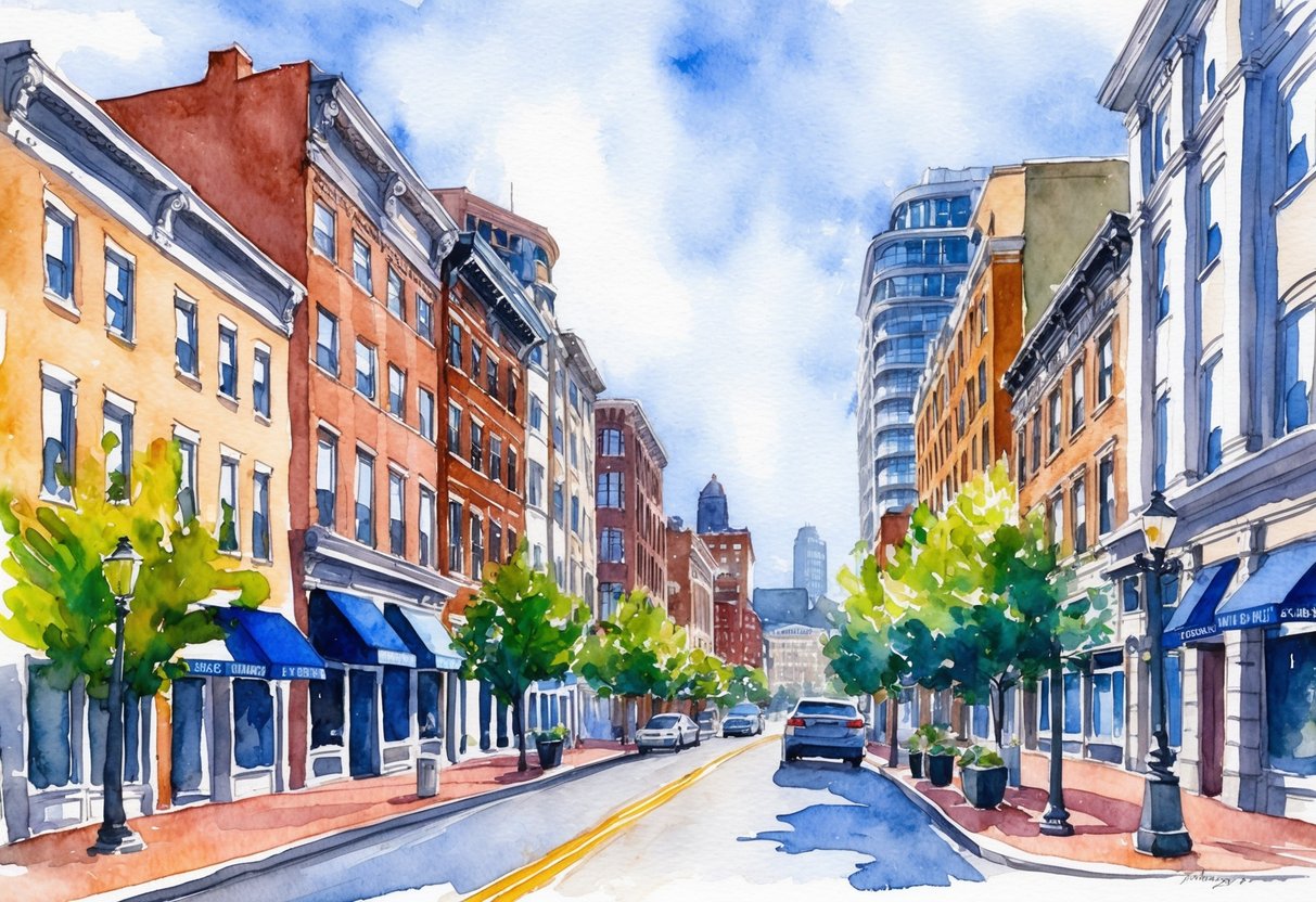 A bustling city street in Providence, RI with a mix of historic and modern buildings, showcasing the diverse real estate opportunities for investors