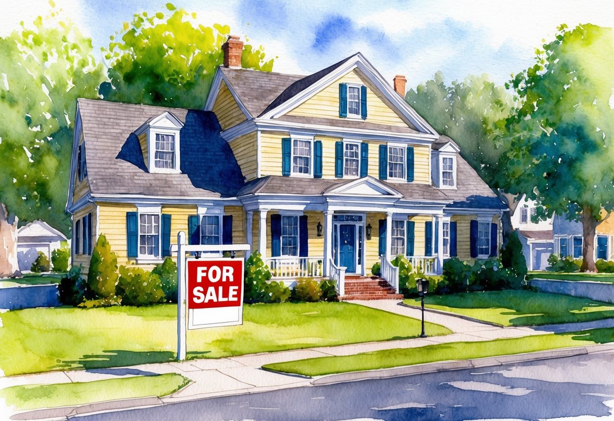 A charming colonial-style house in Warwick, RI, with a "For Sale" sign in the front yard, surrounded by lush greenery and a peaceful suburban neighborhood