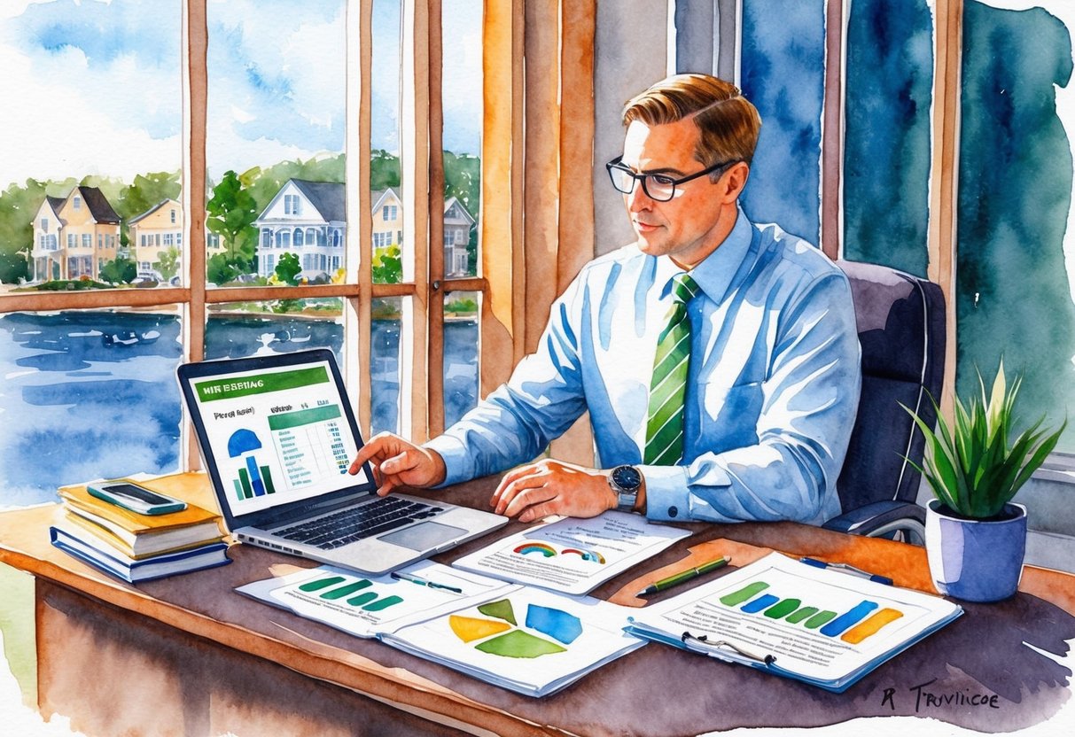 A real estate investor in Providence, RI reviews property data and risk assessment reports, while brainstorming potential mitigation strategies