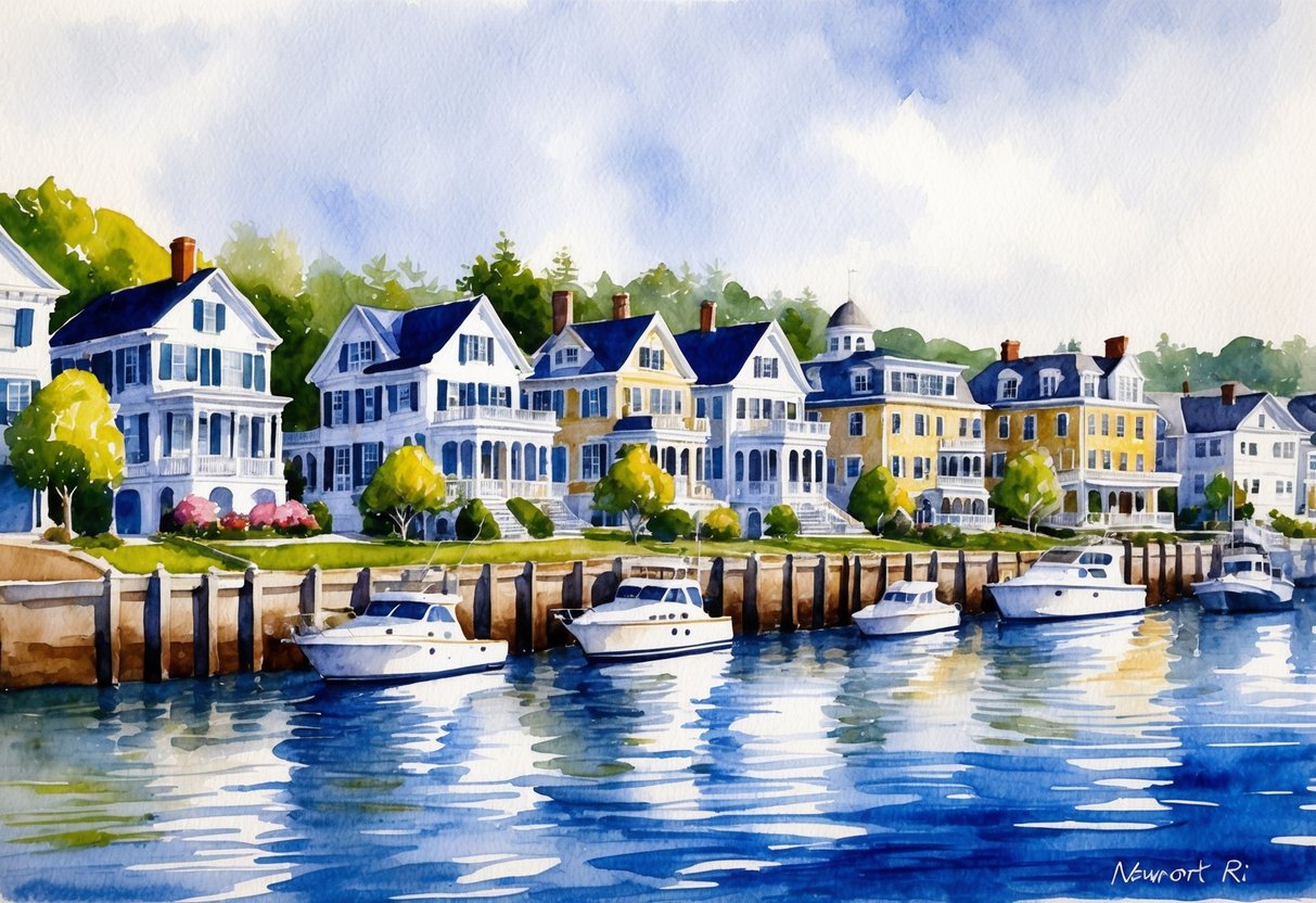 A row of historic waterfront homes in Newport, RI, with a mix of Victorian mansions and modern condos overlooking the harbor
