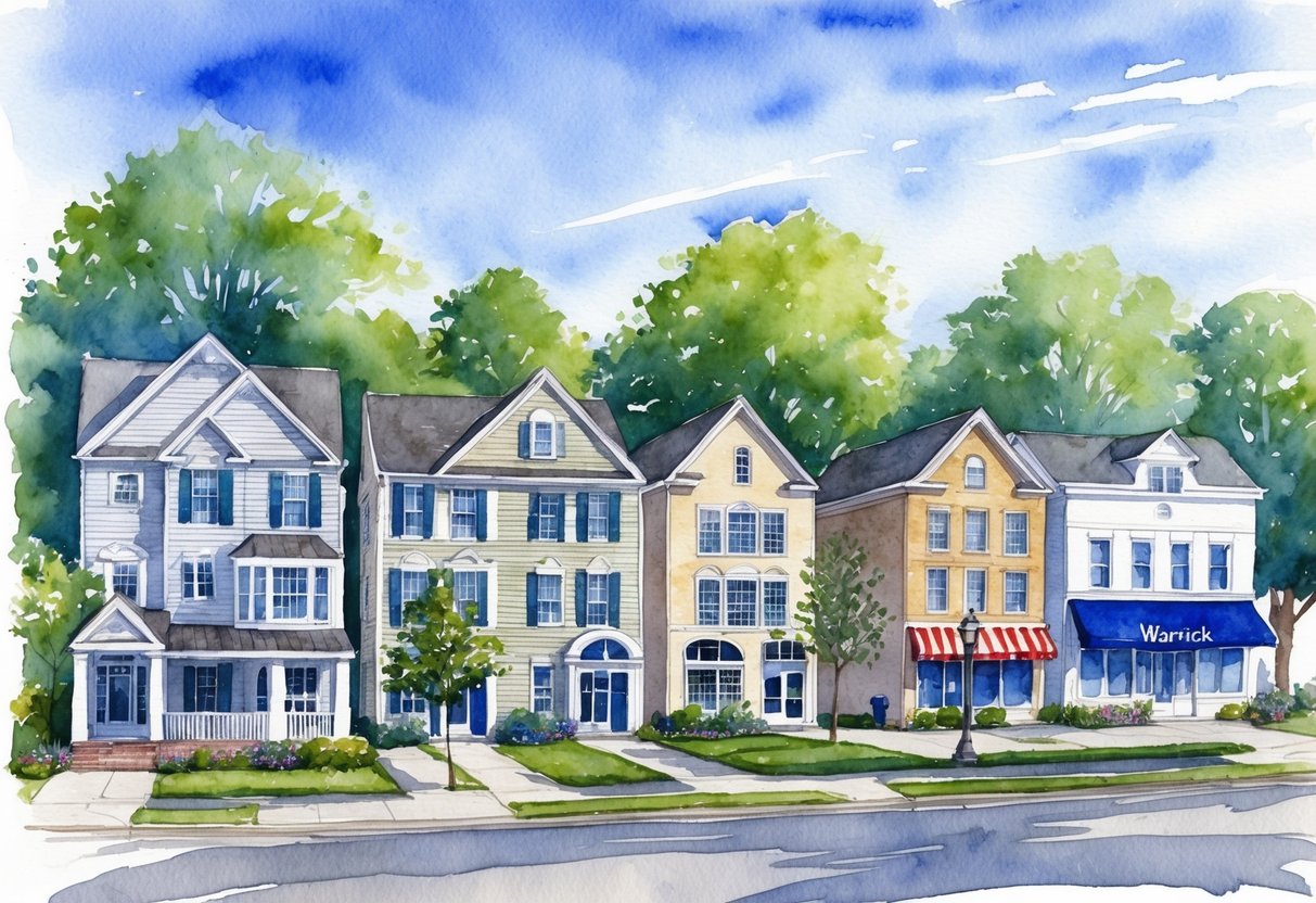 A row of diverse properties in Warwick RI, including single-family homes, condos, and commercial buildings, set against a backdrop of tree-lined streets and blue skies