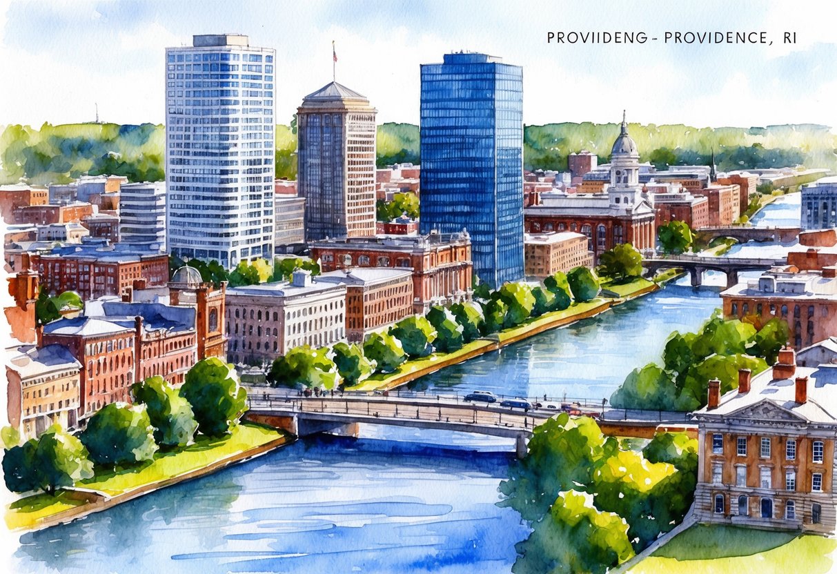A bustling cityscape in Providence, RI with modern high-rise buildings and historic architecture, surrounded by lush greenery and a river flowing through the center