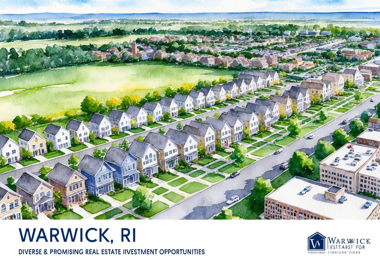 Aerial view of Warwick, RI with rows of residential houses, green parks, and commercial buildings, showcasing the diverse and promising real estate investment opportunities