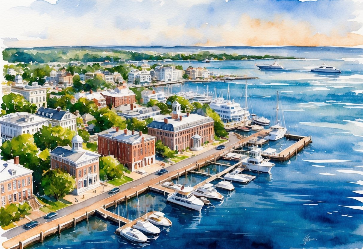 Aerial view of Newport, RI's waterfront with historic buildings and marinas, surrounded by lush greenery and the ocean