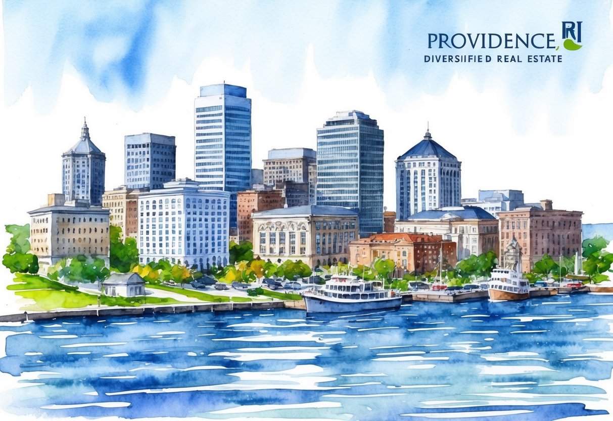 A city skyline with a mix of historic and modern buildings, surrounded by green spaces and waterfront, representing diversified real estate in Providence, RI